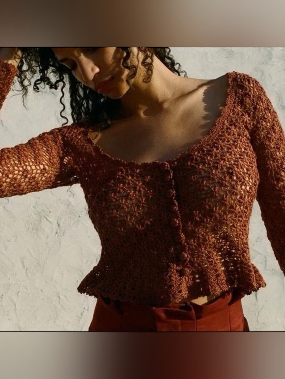 Doen heirloom Terra top, large brown crochet long sleeve button ruffles bohemian
